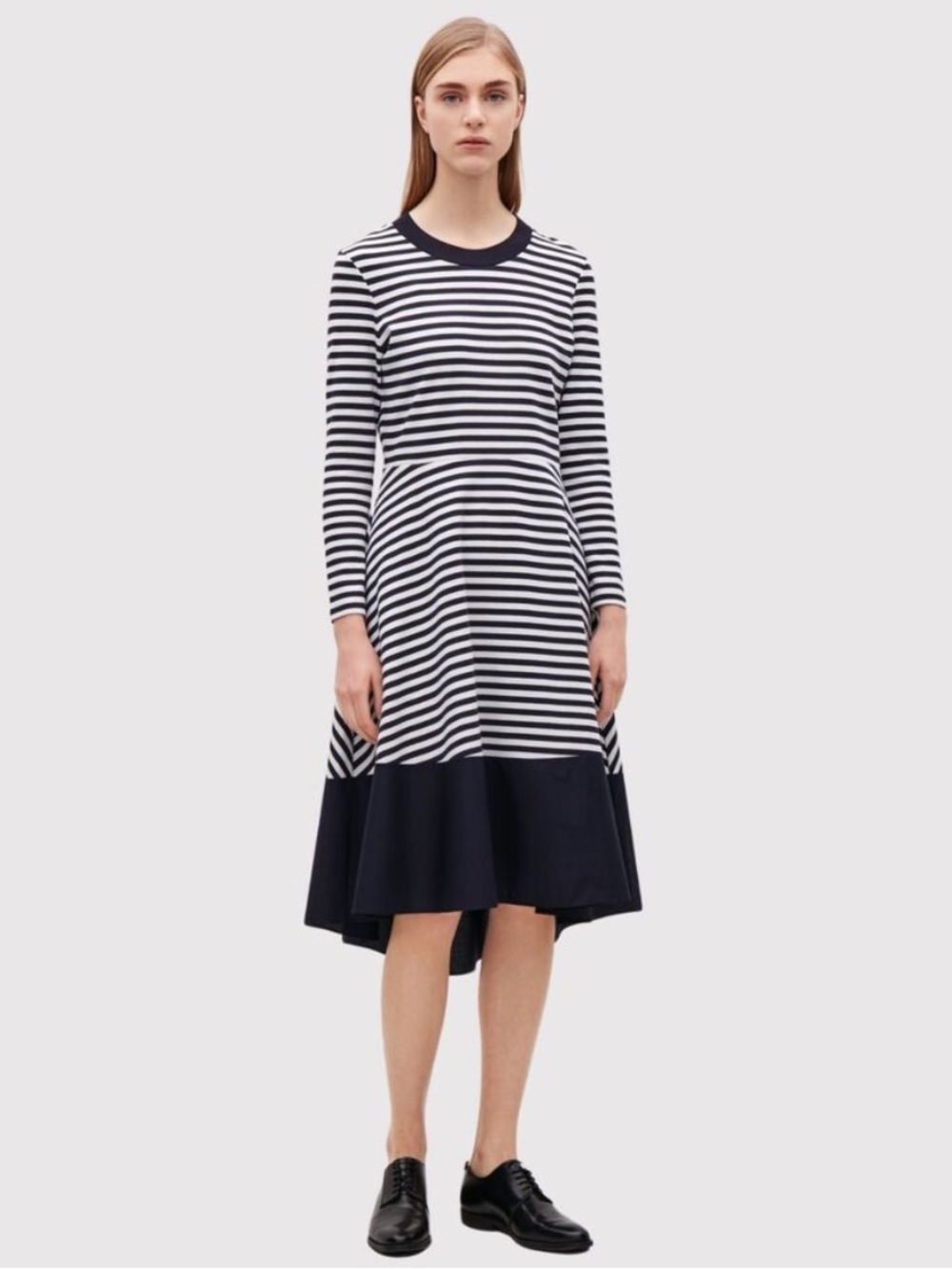 COS Panelled Long Sleeve Jersey Striped Midi Dress in Navy Blue Sz S